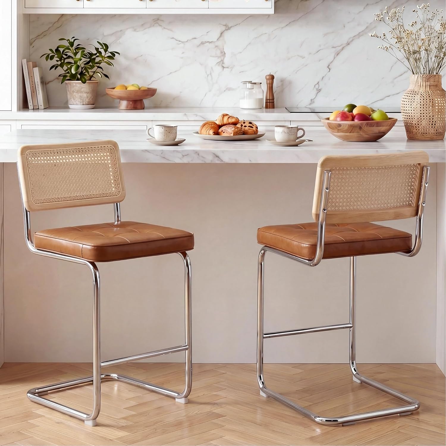 Natural Rattan Bar Stools Set of 2
