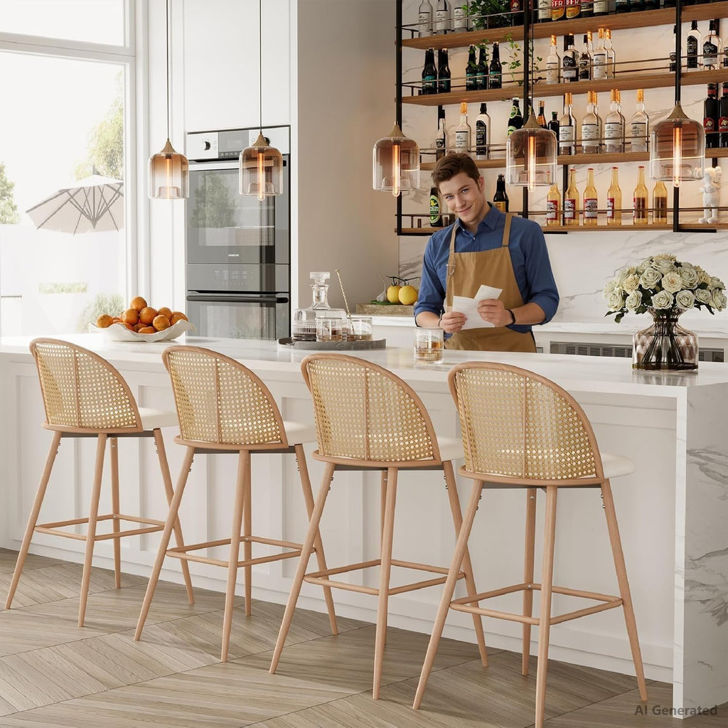 Bar Stools Set of 4 Rattan Swivel